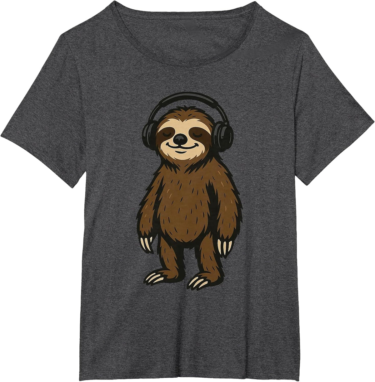 Funny Sloth Wearing Headphones T-Shirt - Dark Heather Grey