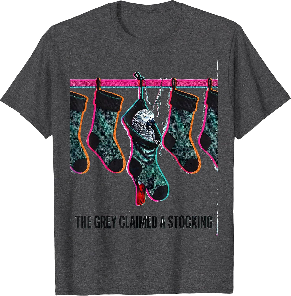 The Grey Claimed A Stocking Whimsical Parrot Lover Christmas T-Shirt - Dark Heather Grey