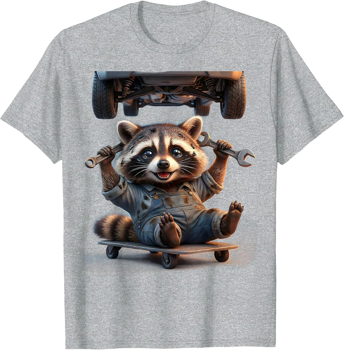 Men's Raccoon Mechanic Grease Monkey Garage Art T-Shirt - Heather Grey