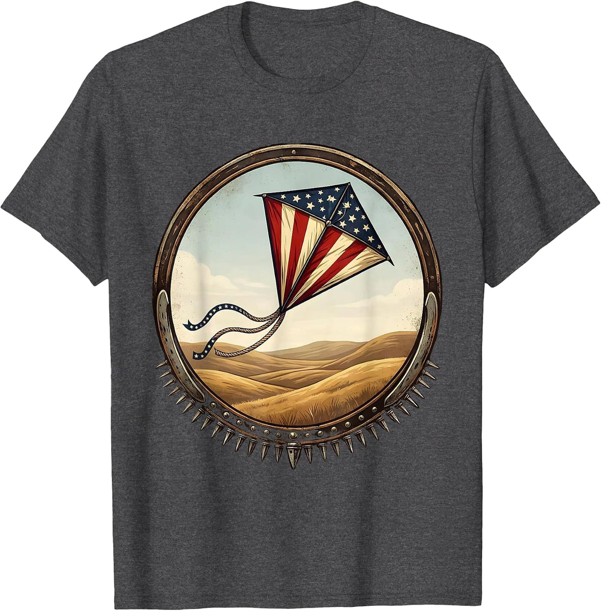 Men's Red White and Blue Kite Soaring Over Hills T-Shirt - Dark Heather Grey