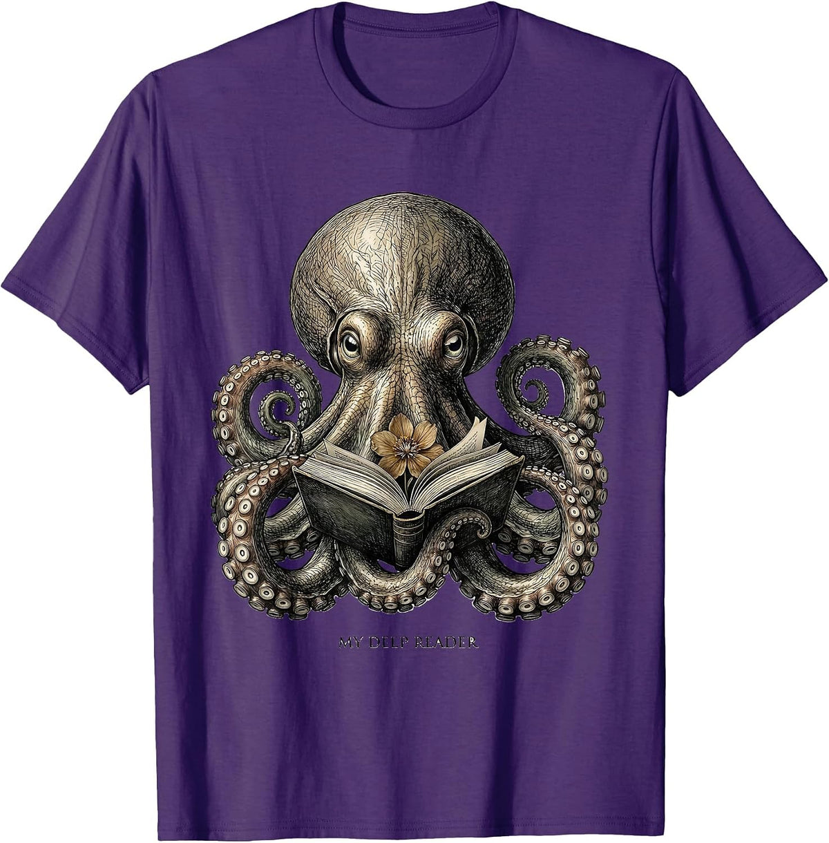 Men's My Deep Reader Botanical Octopus Book Lover Reader Art T-Shirt - Purple