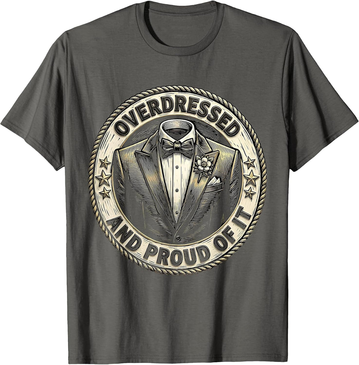 Overdressed and Proud of It Tuxedo Design T-Shirt - Asphalt Grey