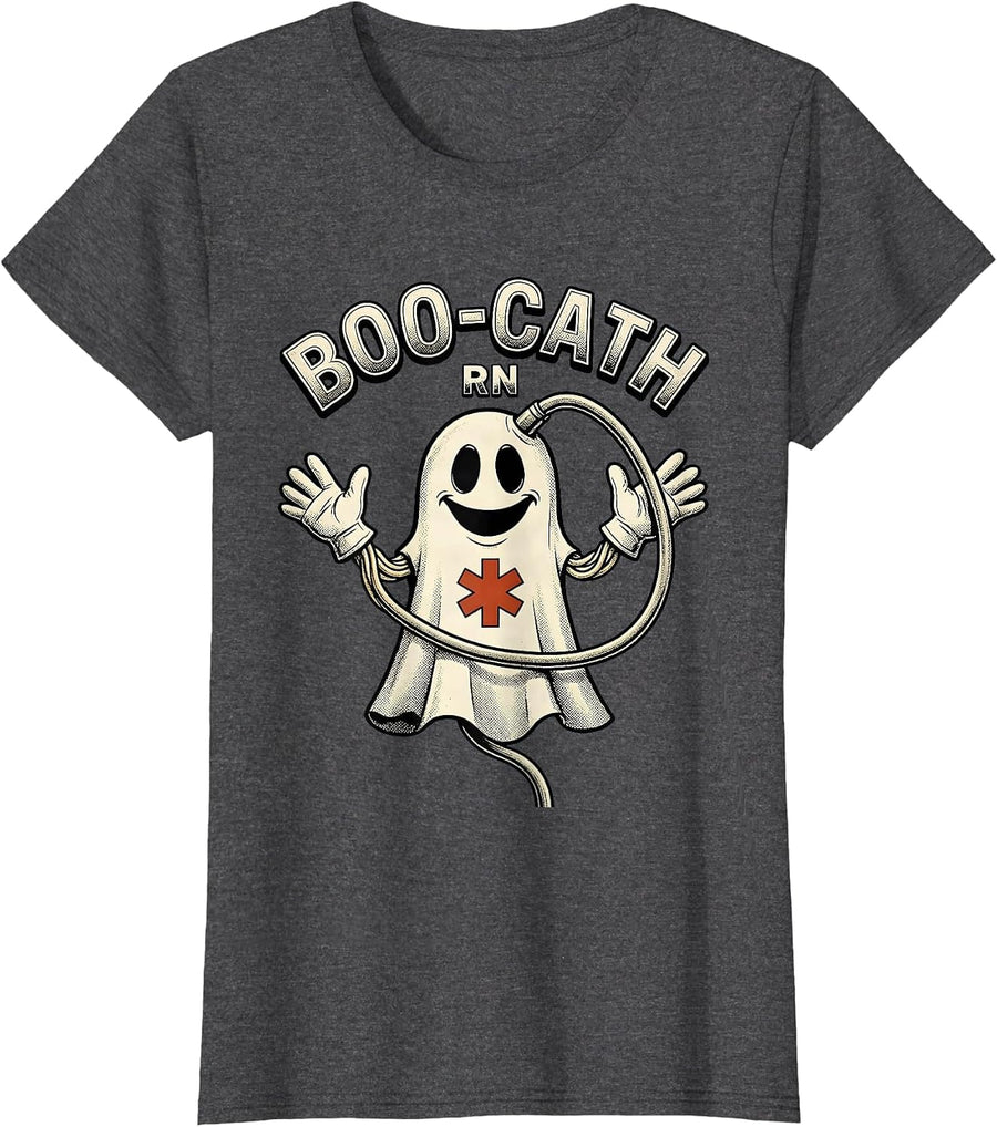 Women's Boo-Cath RN Funny Halloween Nurse Medical Humor T-Shirt - Dark Heather Grey