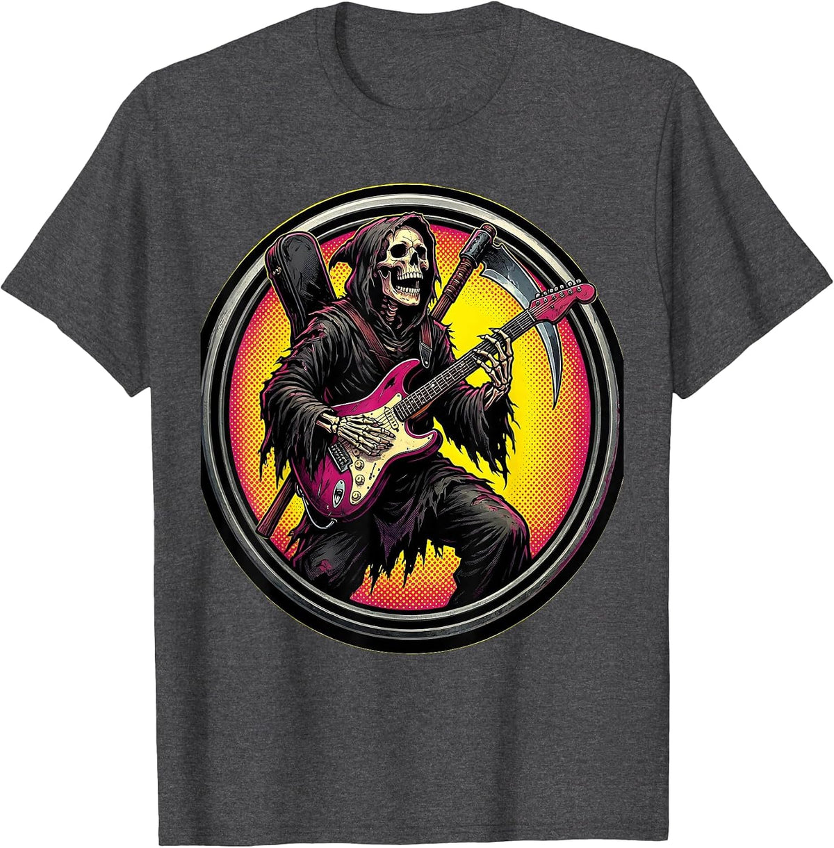 Grim Reaper Air Guitar Rock Death Metal Design T-Shirt - Dark Heather Grey