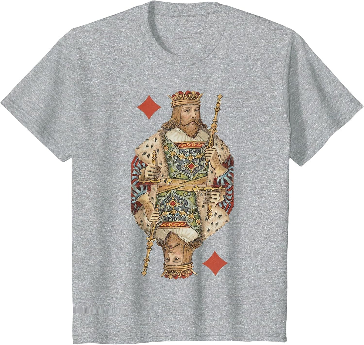King of Diamonds Antique Art Nouveau Playing Card Art T-Shirt, Youth, Heather Grey, Large - As Pictured