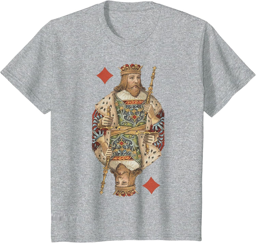 King of Diamonds Antique Art Nouveau Playing Card Art T-Shirt, Youth, Heather Grey, Large - As Pictured