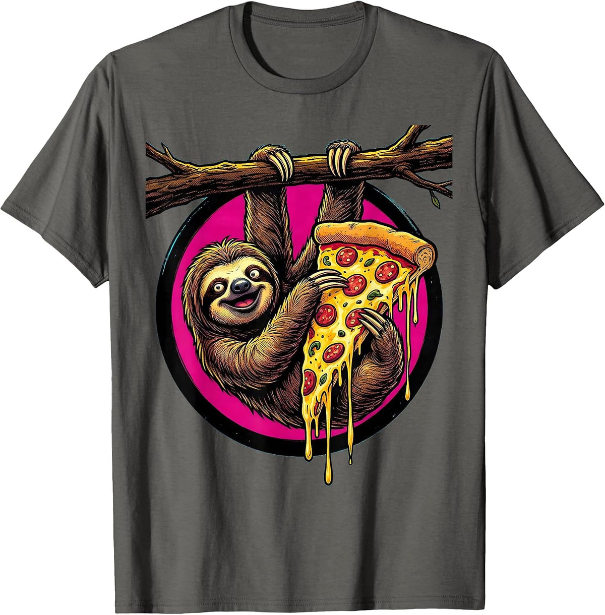 Upside Down Sloth Pizza Lover Funny Graphic T-Shirt - Asphalt Grey