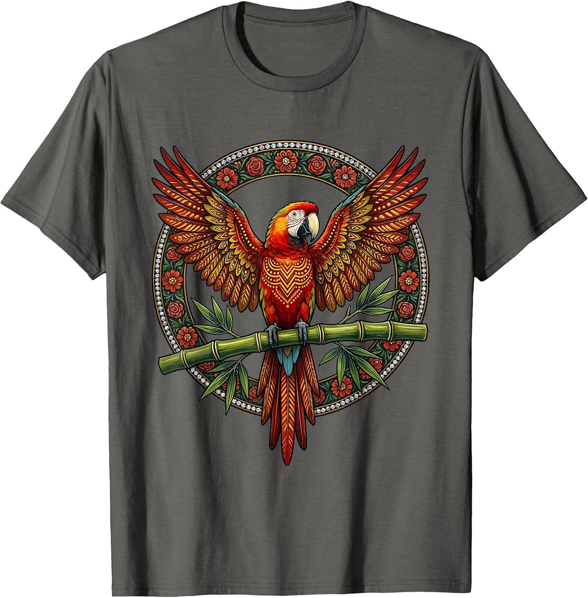 Men's Tropical Parrot on Bamboo Aloha Design T-Shirt - Asphalt Grey