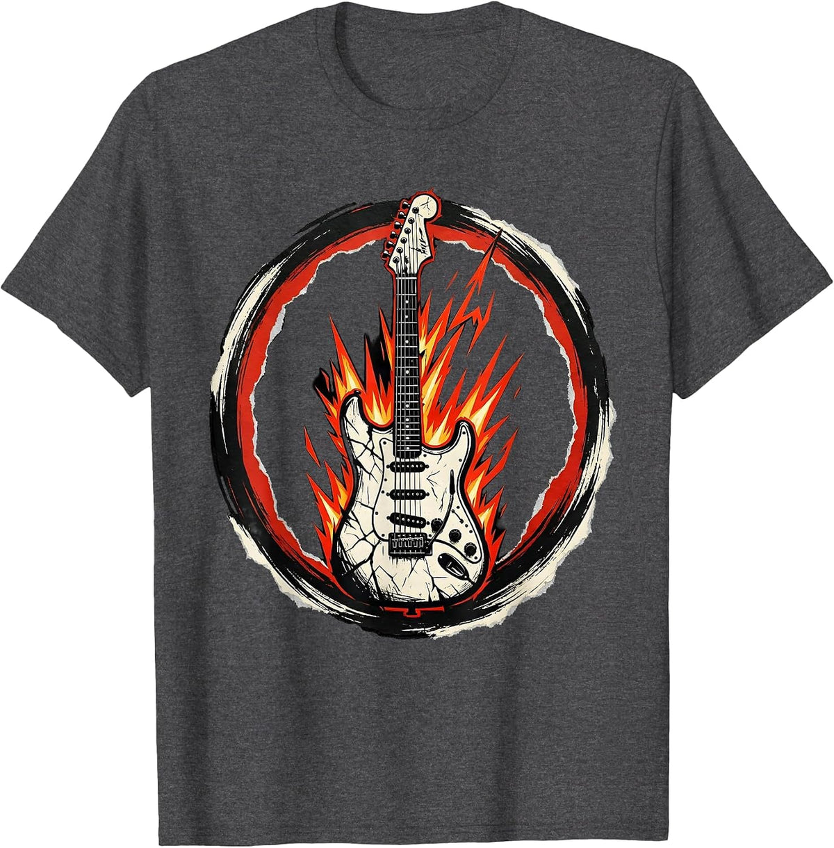 Flaming Electric Guitar Metal Graphic T-Shirt - Dark Heather Grey