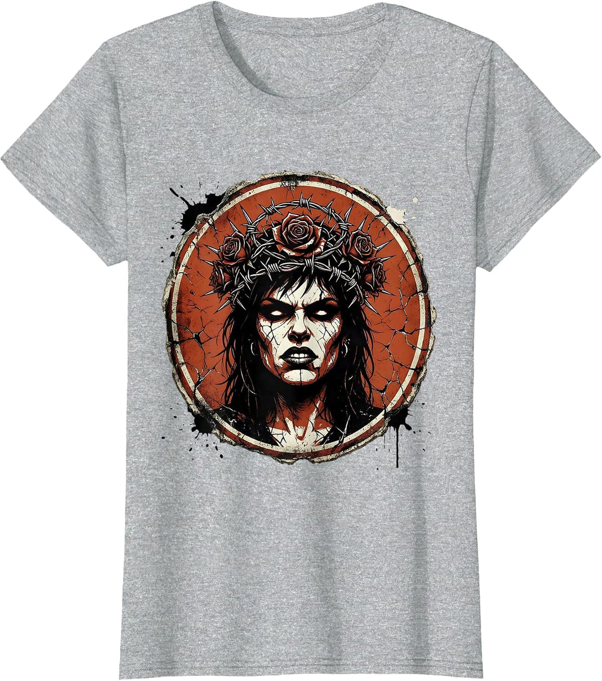 Punk Girl Roses and Razor Wire Crown Graphic T-Shirt - Heather Grey