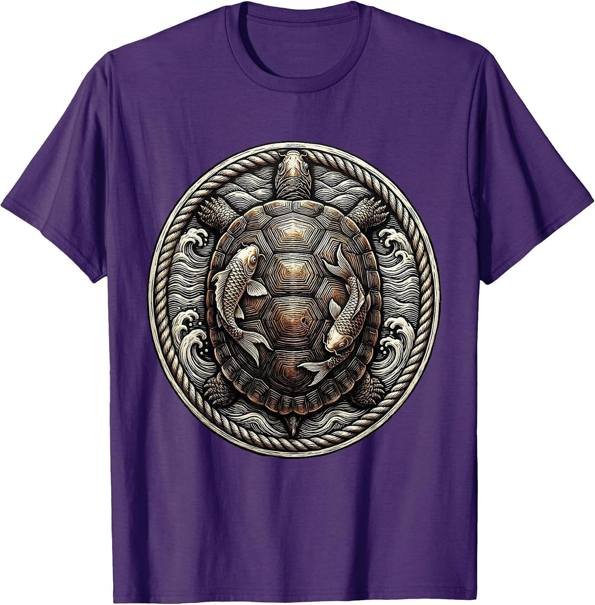 Koi Patterned Turtle Shell Graphic Design T-Shirt - Purple