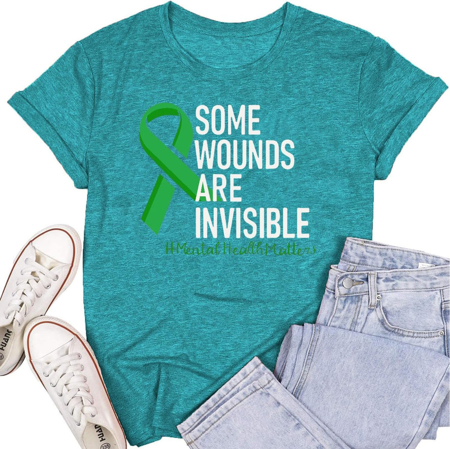 Womens Mental Health Matters Shirts Green Ribbon Awareness T-Shirt Inspirational Tee Top - Cyan