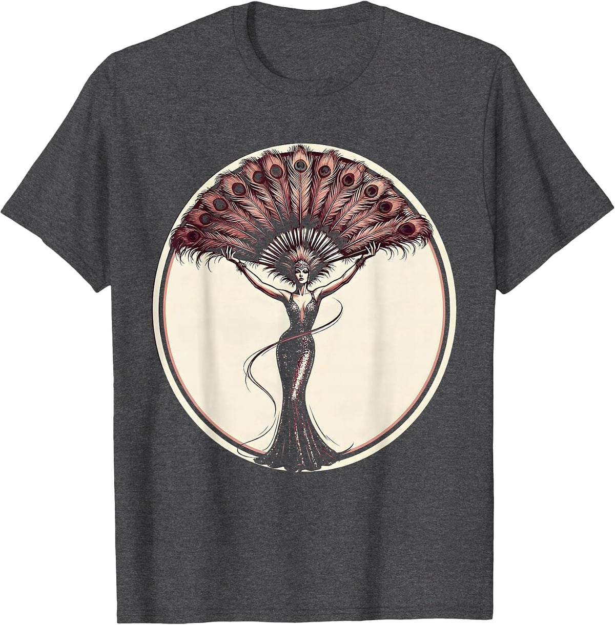 Showgirl Feathered Fan Dance Illustration T-Shirt - Dark Heather Grey