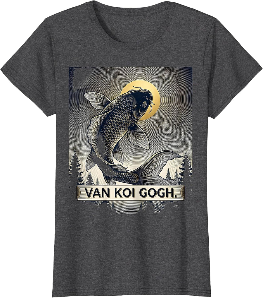 Women's Van Koi Gogh Crosshatch Etching Koi Fish Art Meme Gift T-Shirt - Dark Heather Grey