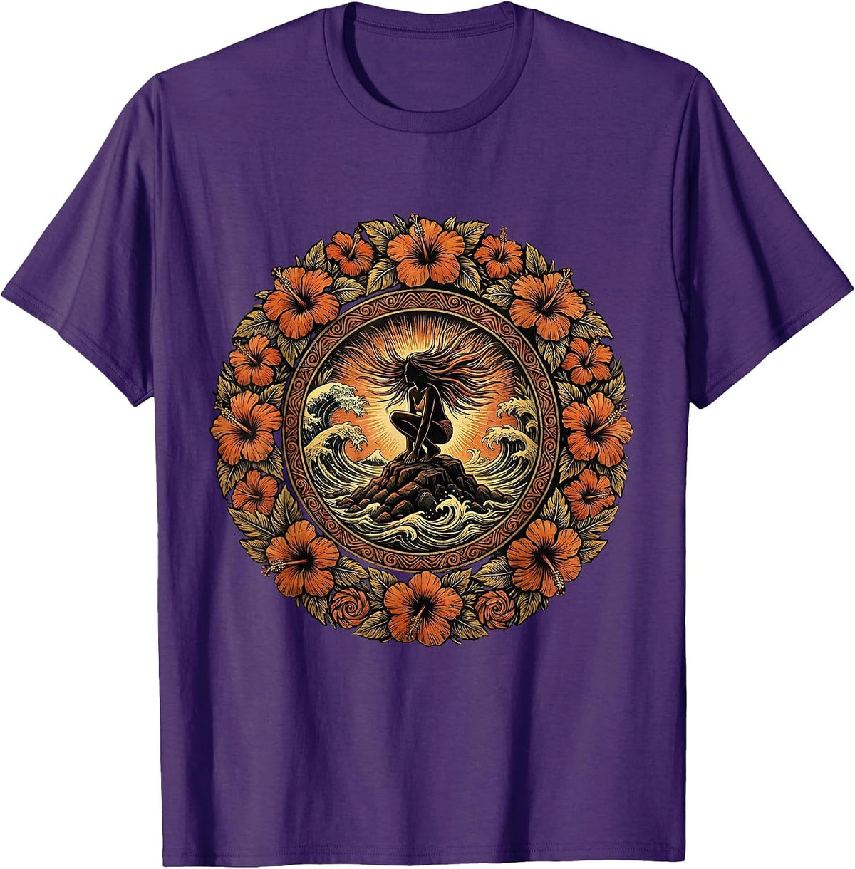 Hawaiian Girl Climbing Lava Rock Ocean Waves T-Shirt - Purple