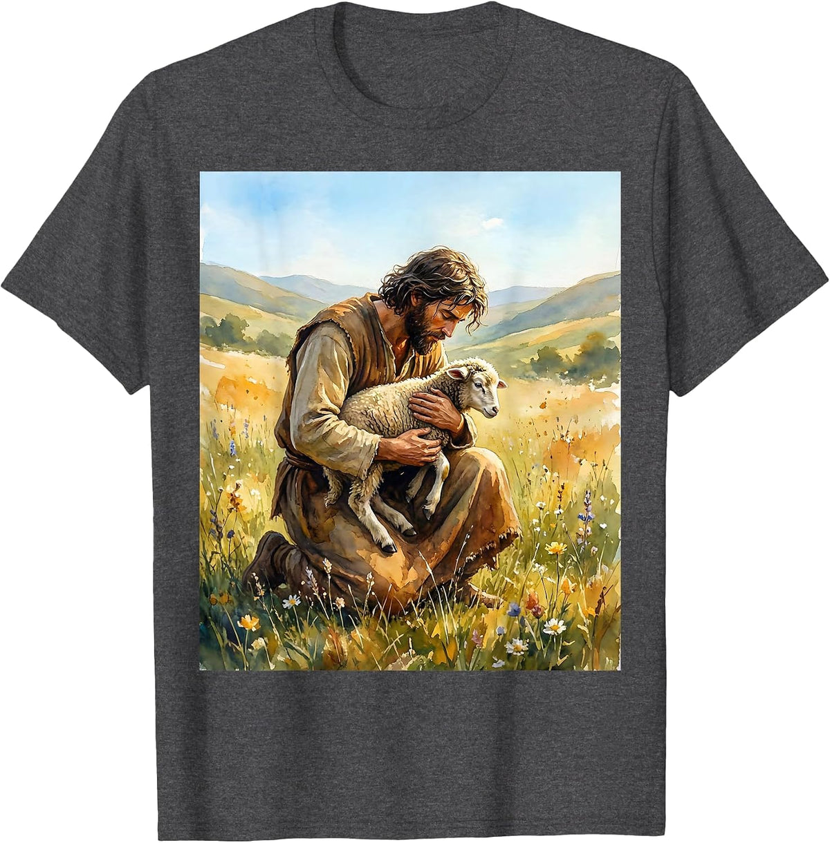Psalm 23 Shepherd and Sheep Illustration T-Shirt - Dark Heather Grey