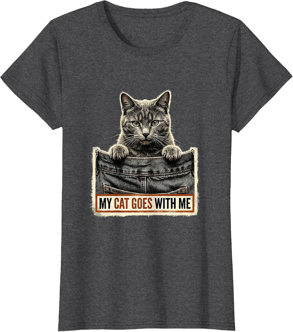 Women's My Cat Goes With Me Rubber Stamp Cat Lover Gift T-Shirt - Dark Heather Grey