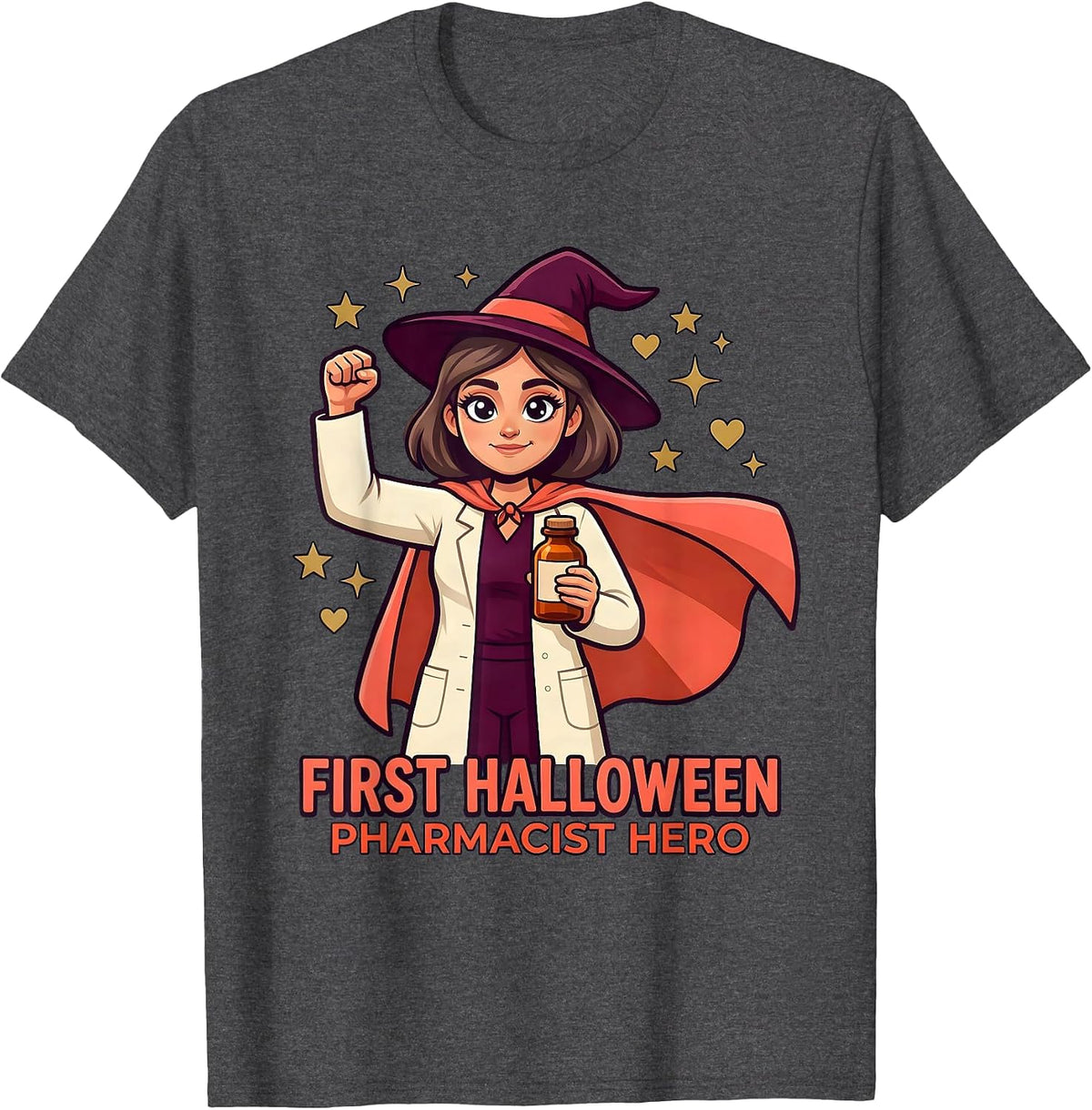 Men's FIRST HALLOWEEN PHARMACIST HERO Cartoon Pharmacist Halloween T-Shirt - Dark Heather Grey