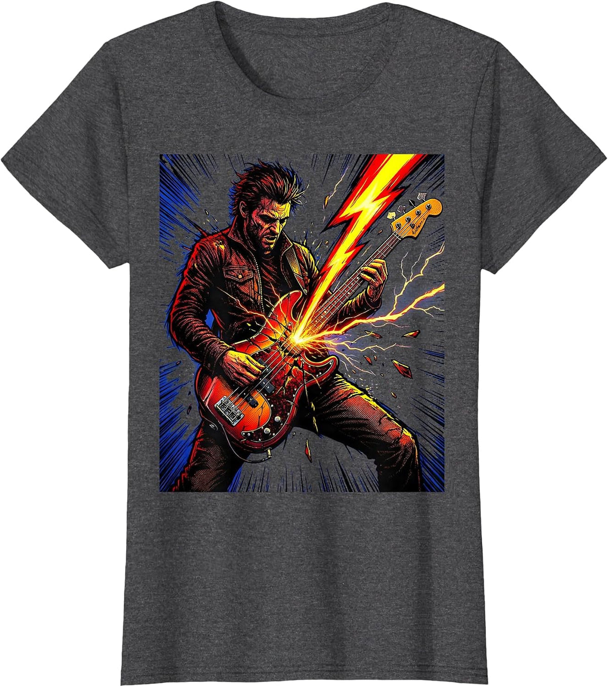 Women's Bassist Lightning Bolt Bass Guitar Rock Band Tee T-Shirt - Dark Heather Grey