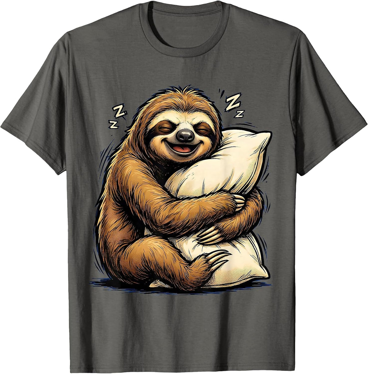 Sleepy Sloth Hugging Pillow Lazy Day Design T-Shirt - Asphalt Grey