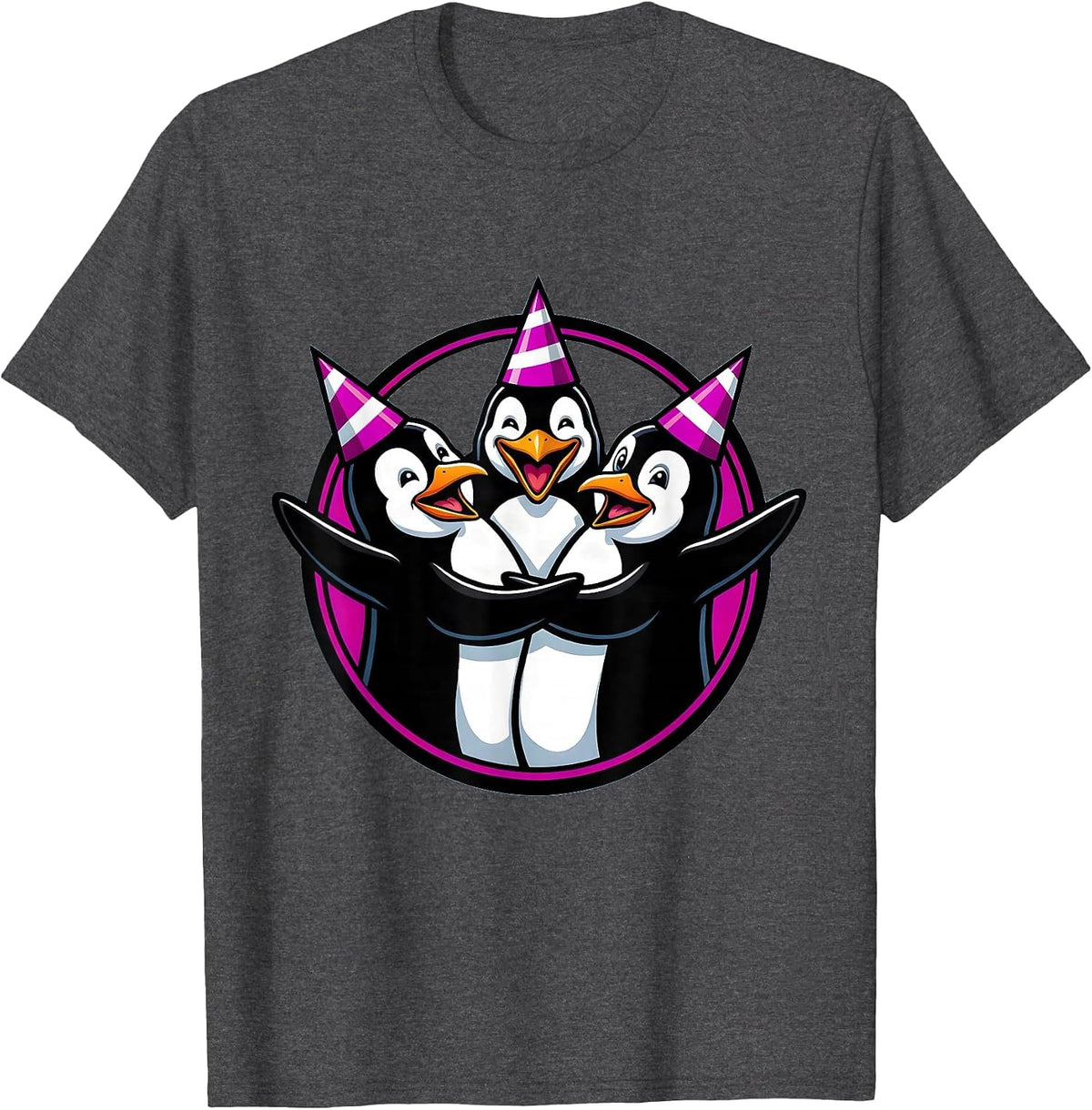 Birthday Squad Penguins Party Hats Celebration T-Shirt - Dark Heather Grey