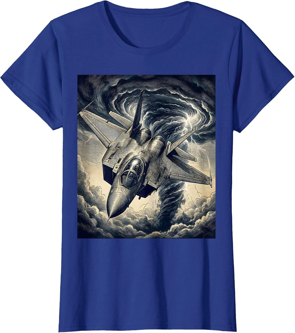 Women's Fighter Jet Diving Through Storm Clouds Design T-Shirt - Royal Blue