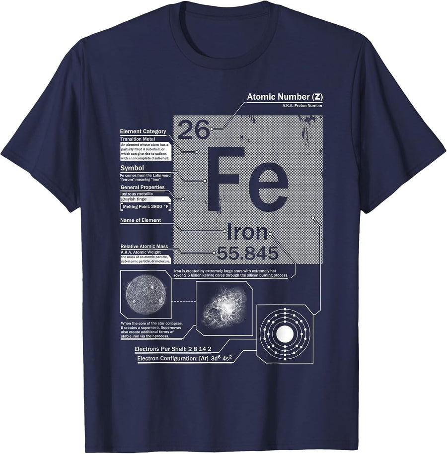 Iron (Fe) Element | Atomic Number 26 Science Chemistry T-Shirt - Navy Blue