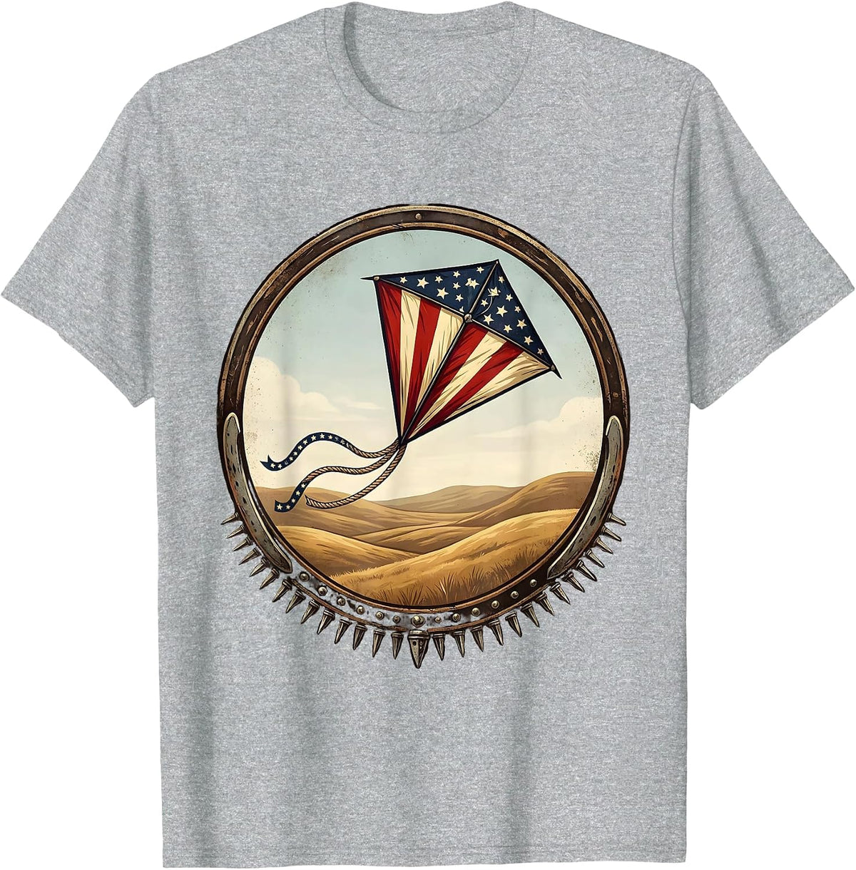 Men's Red White and Blue Kite Soaring Over Hills T-Shirt - Heather Grey