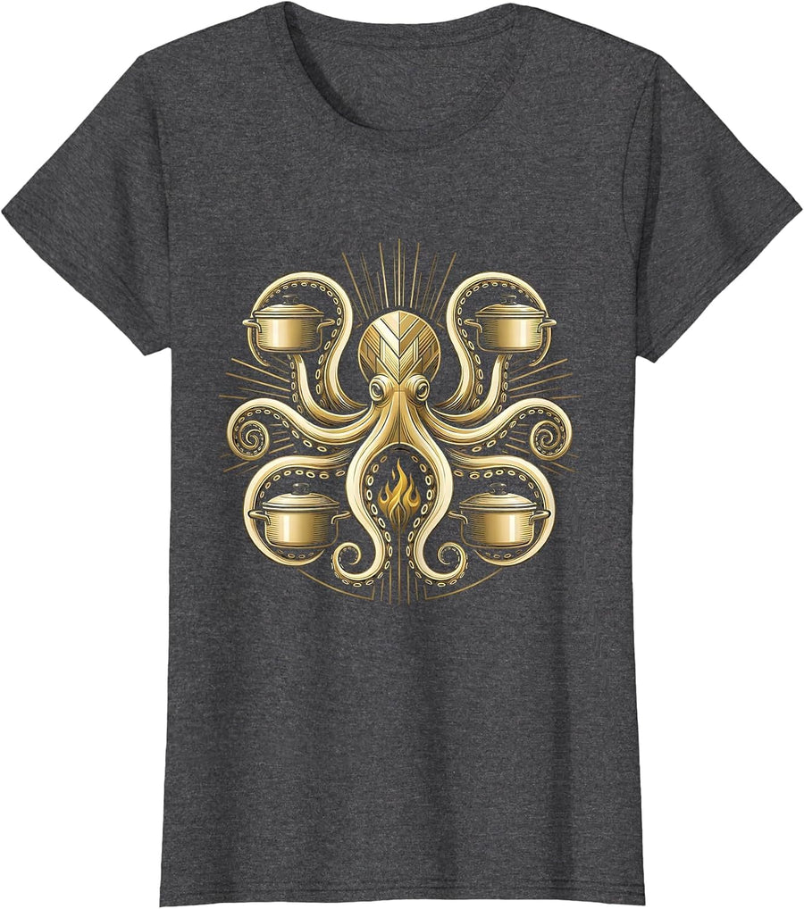 Women's Octopus Chef Stirring Multiple Pots Funny Cook T-Shirt - Dark Heather Grey