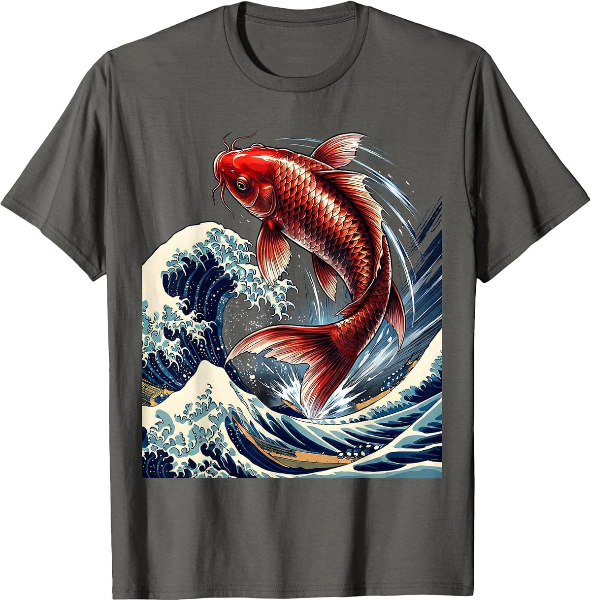 Men's Koi Fish Leaping Through Crashing Wave Art T-Shirt - Asphalt Grey