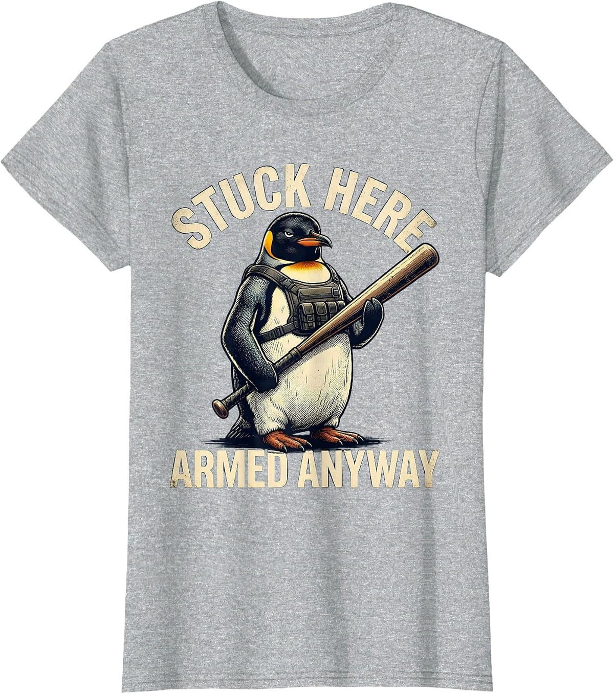 Stuck Here Armed Anyway Vintage Funny Penguin Tactical Meme T-Shirt - Heather Grey