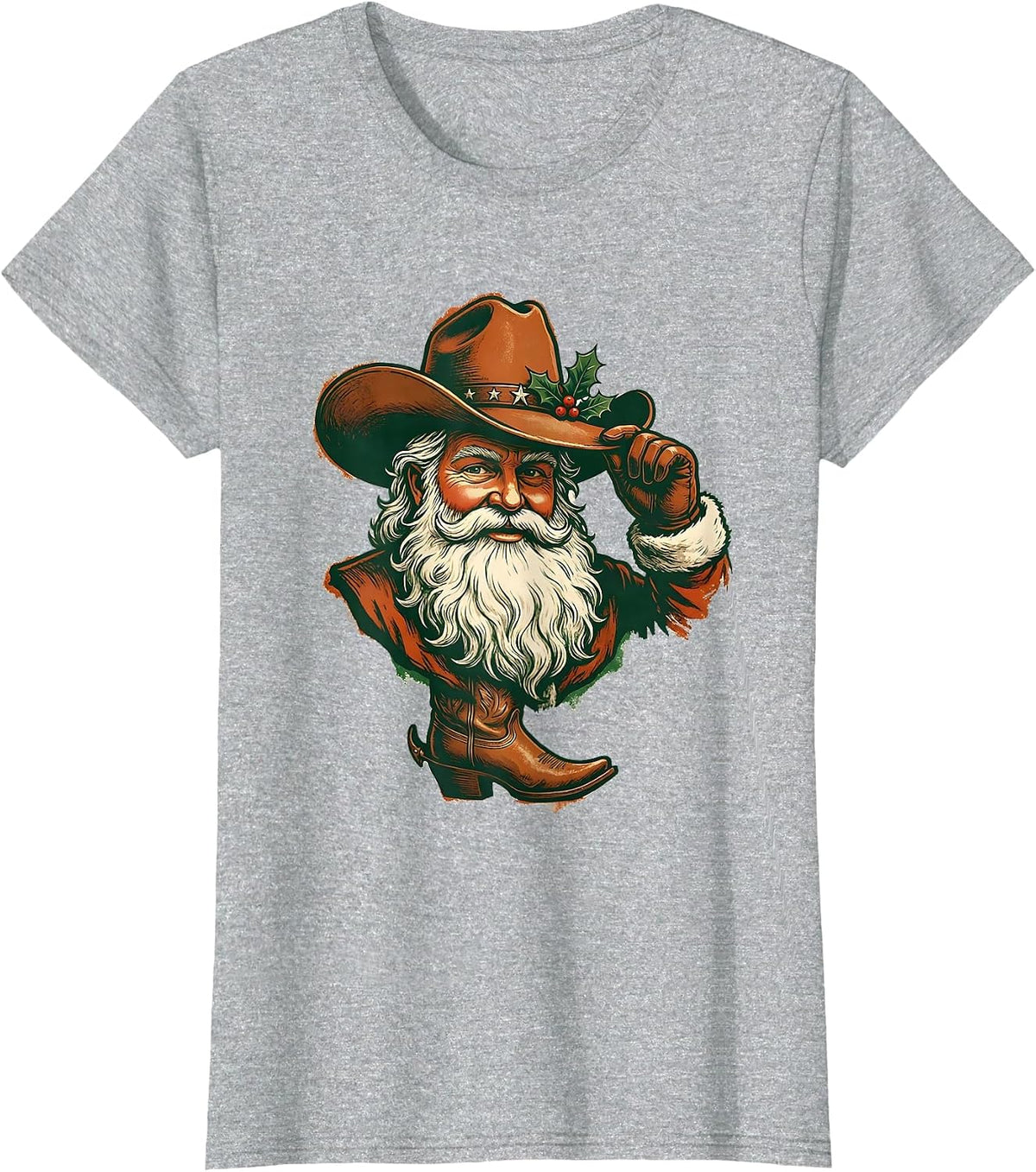 Cowboy Santa Bust Rubber Stamp Western Christmas T-Shirt - Heather Grey