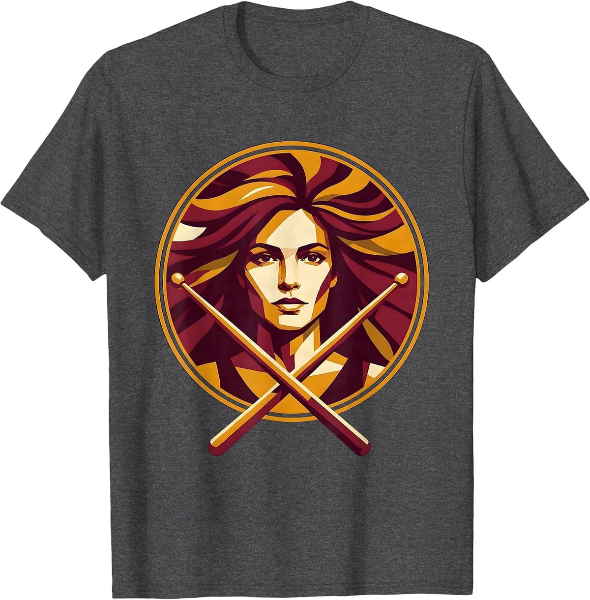 Woman Drummer Crossed Drumsticks Portrait Design T-Shirt - Dark Heather Grey