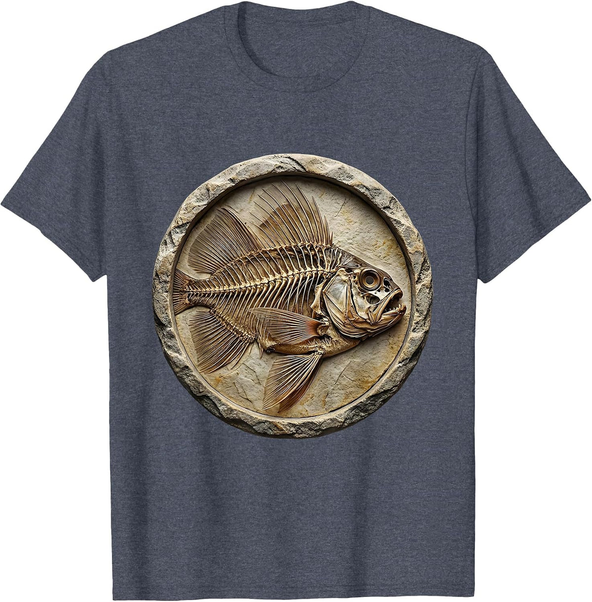 Men's Skeletal Fish Fossil Stone Slab Graphic Tee T-Shirt - Heather Blue