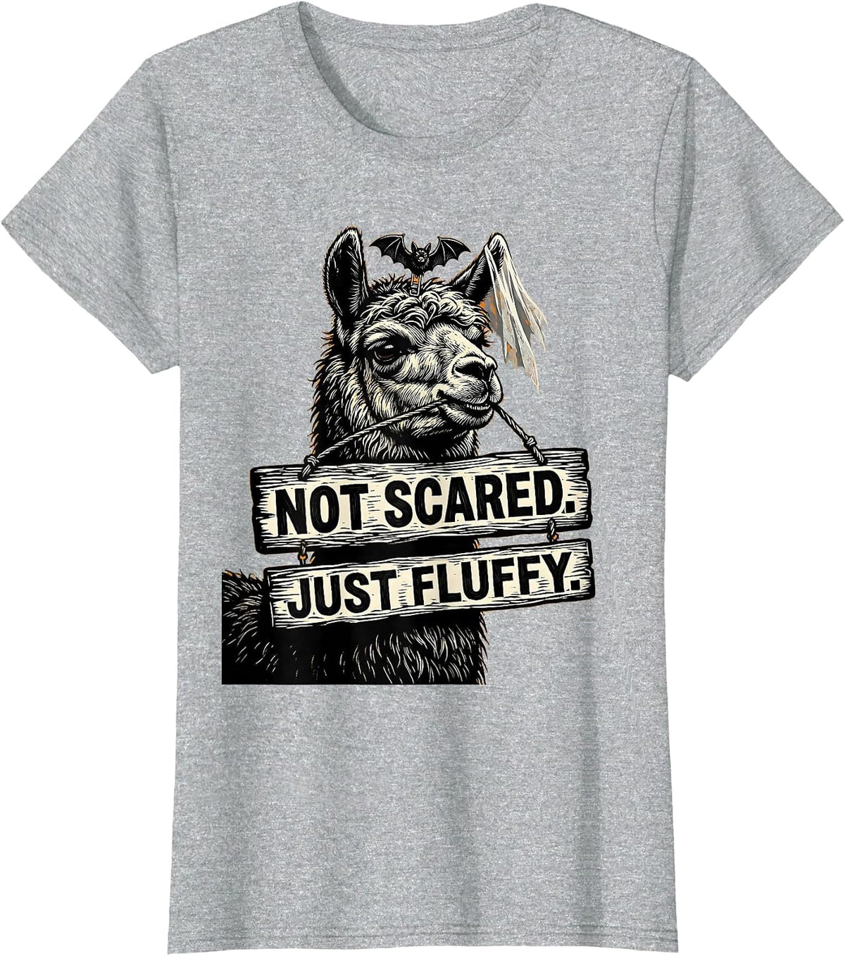 Women's Not Scared Just Fluffy Linocut Funny Llama Halloween T-Shirt - Heather Grey