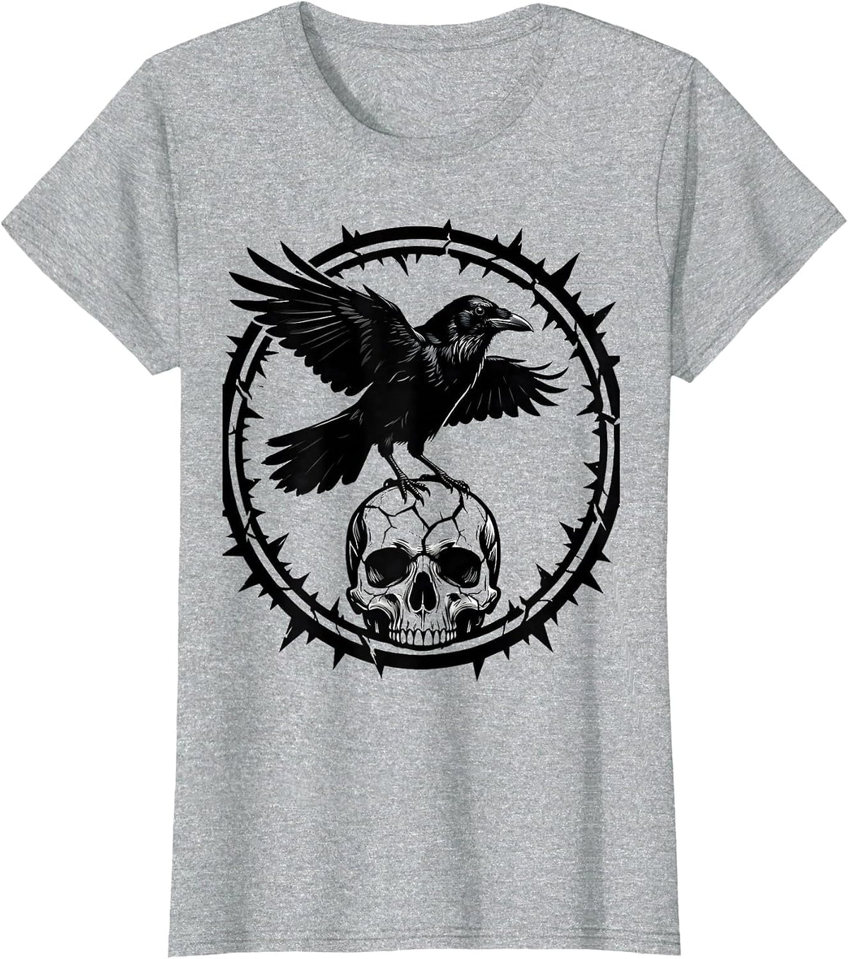 Women's Crow Perched on Skull Dark Gothic Horror Design T-Shirt - Heather Grey