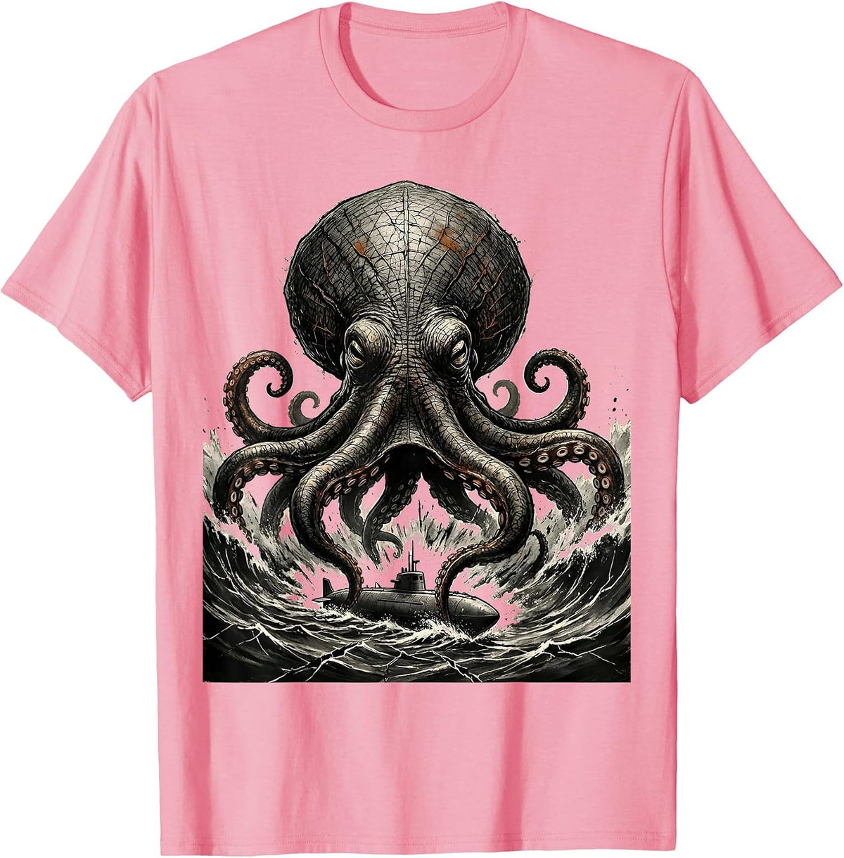 Men's Kraken Erupting Distressed Sea Monster Octopus Lover T-Shirt - Pink