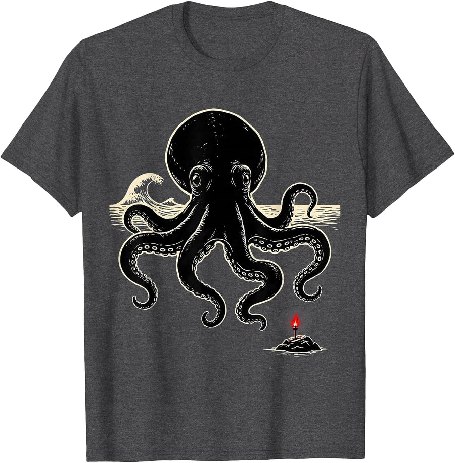 Men's Kraken Sea Monster Vintage Octopus Lover T-Shirt - Dark Heather Grey