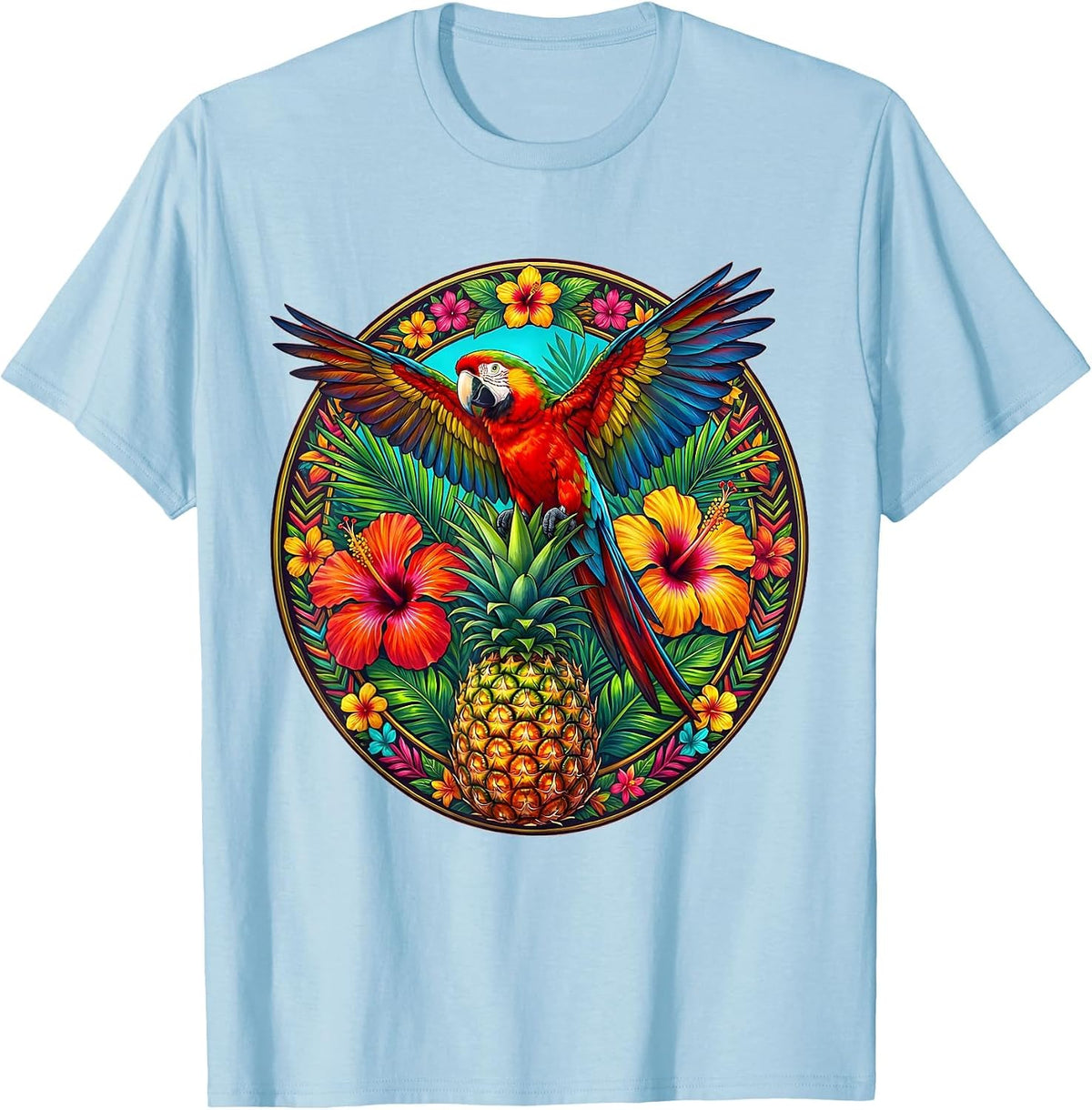 Tropical Parrot on Pineapple with Flowers T-Shirt - Baby Blue