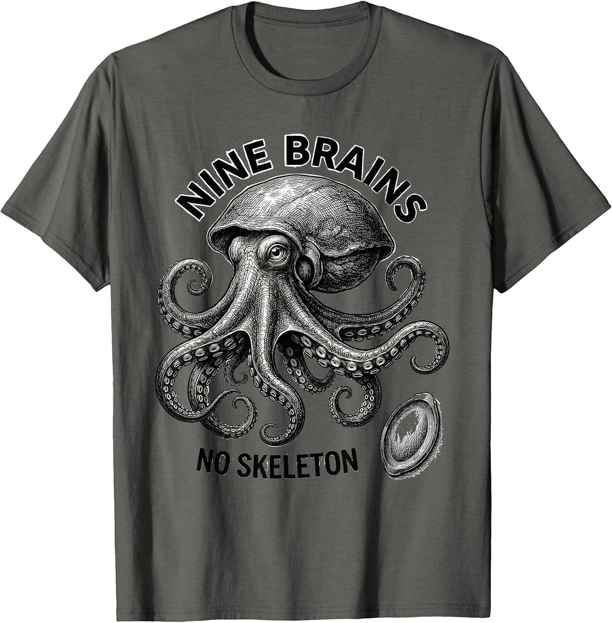 Men's Nine Brains No Skeleton Monochromatic Octopus Engraved Sea T-Shirt - Asphalt Grey