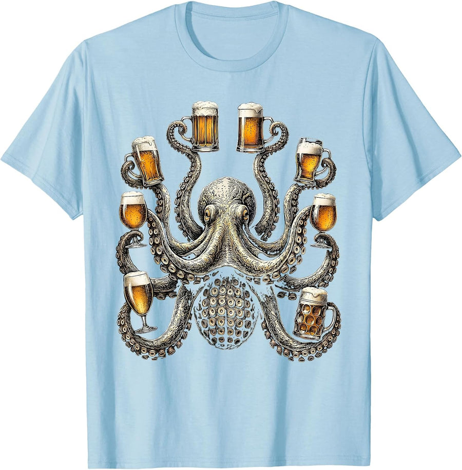 Octopus Holding Eight Beers Funny Drinking Art T-Shirt, Men, Baby Blue, XX-Large - As Pictured