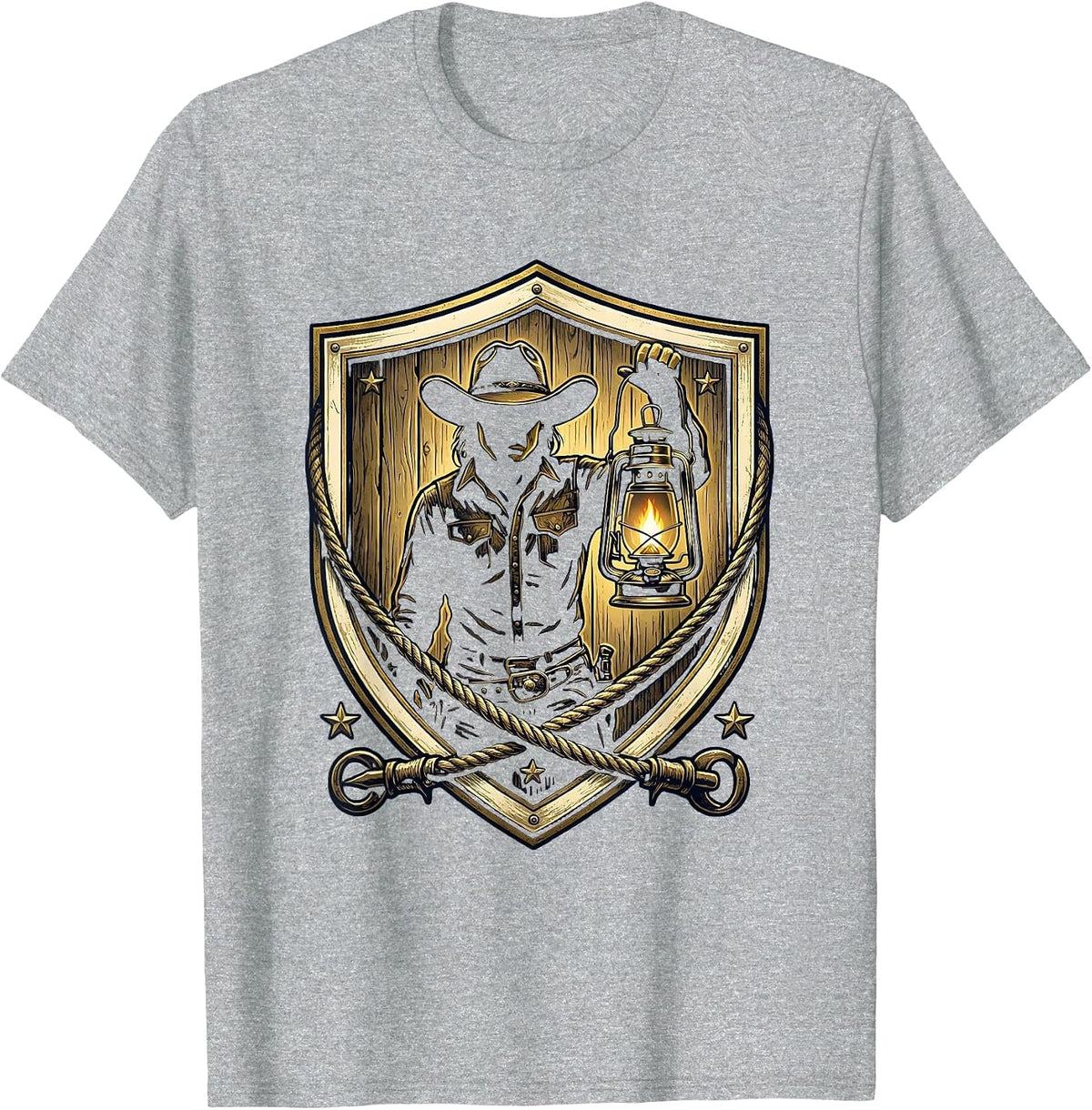 Men's Cowgirl Glowing Lantern Dark Barn Illustration T-Shirt - Heather Grey