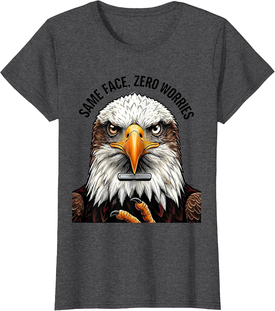 Women's Same Face Zero Worries Comic Book Bald Eagle Mascot Humor T-Shirt - Dark Heather Grey