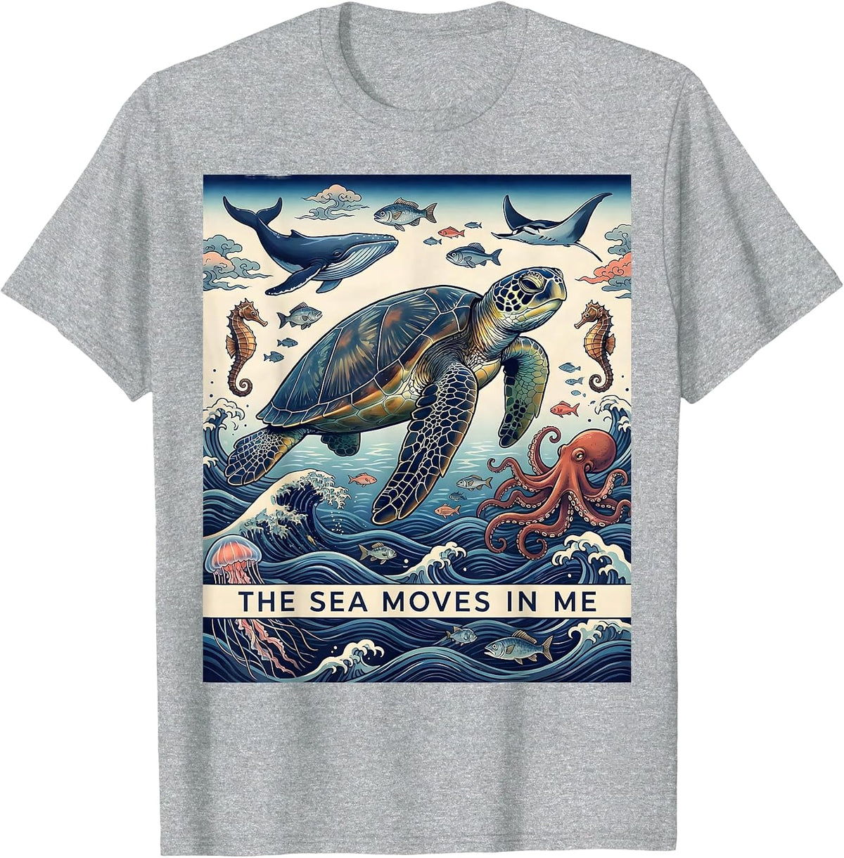 Men's The Sea Moves In Me Ukiyo-e Ocean Nature Marine Life Lover T-Shirt - Heather Grey