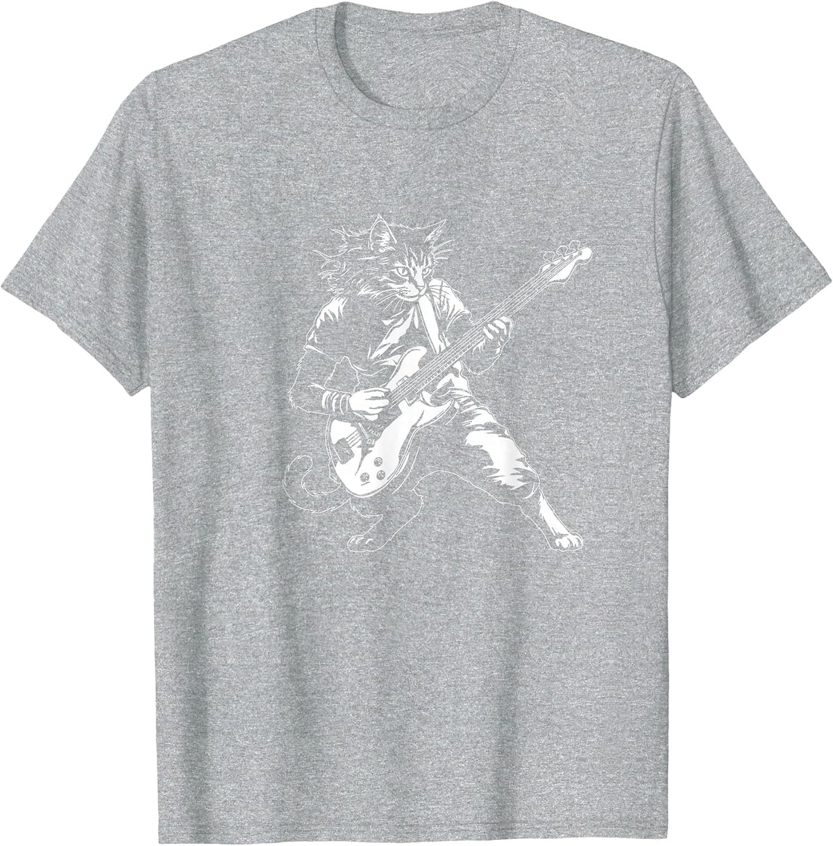 Funny Cat Playing Bass Guitar Rock Music Lover Musician T-Shirt - Heather Grey