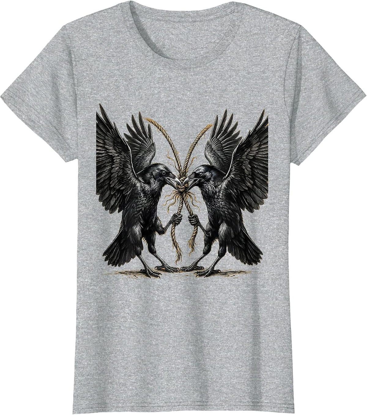 Two Crows Tug of War Graphic Design T-Shirt - Heather Grey