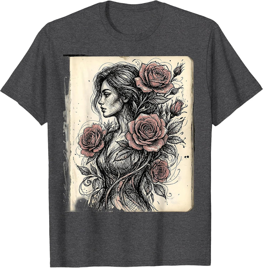 Men's Gigi Fashionable Rose Garden Floral Illustration T-Shirt - Dark Heather Grey