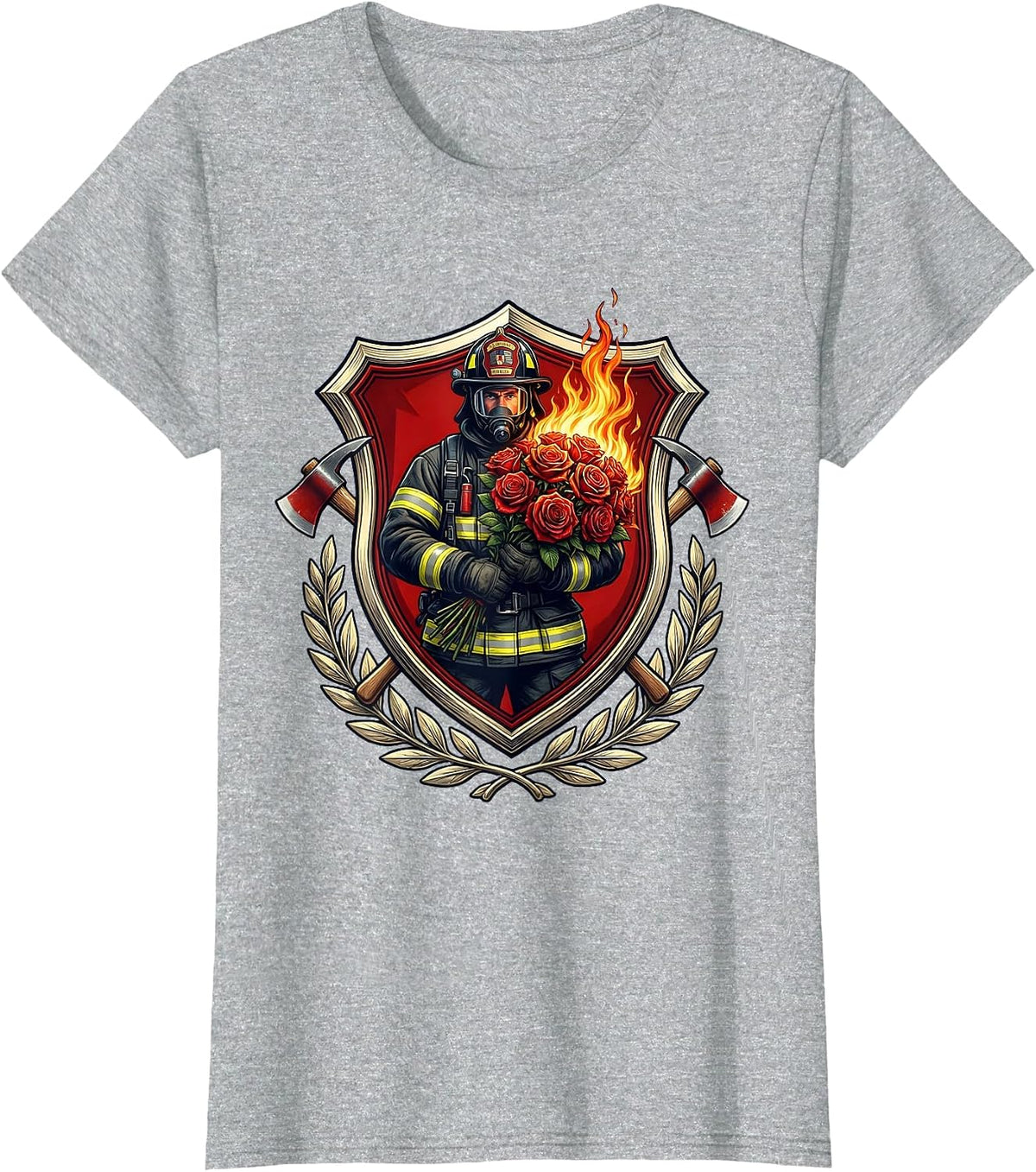 Fireman Flaming Roses Bouquet Graphic Design T-Shirt - Heather Grey