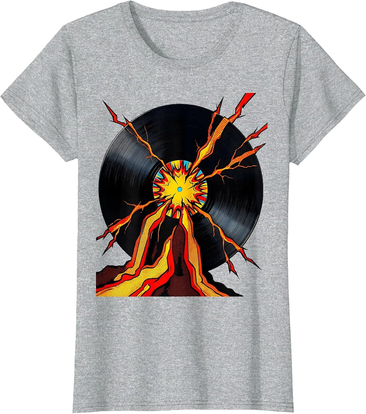 Cracked Vinyl Record Bleeding Lava Rock Music Design T-Shirt - Heather Grey