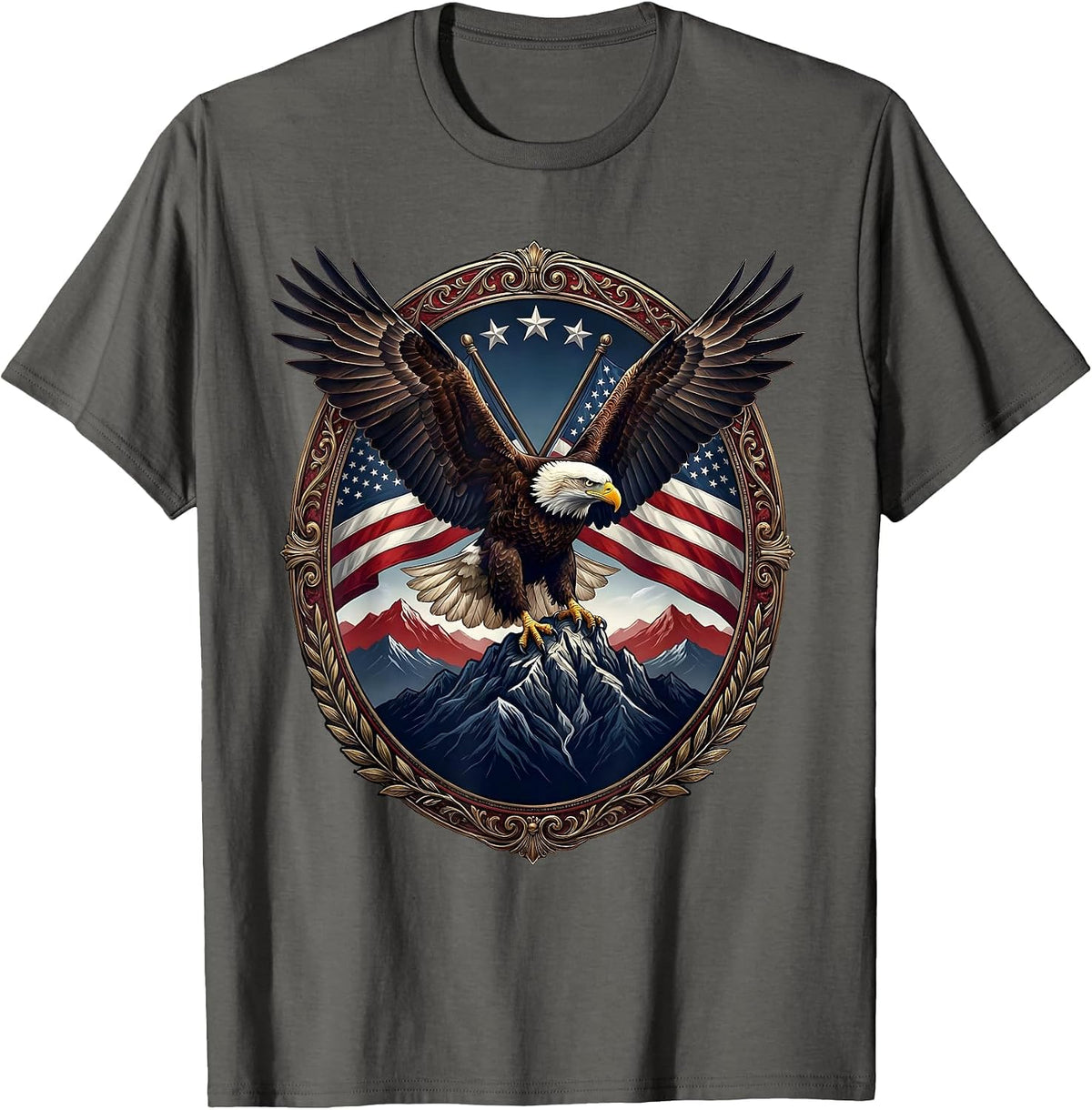 Red White and Blue Layered Mountain Landscape T-Shirt - Asphalt Grey